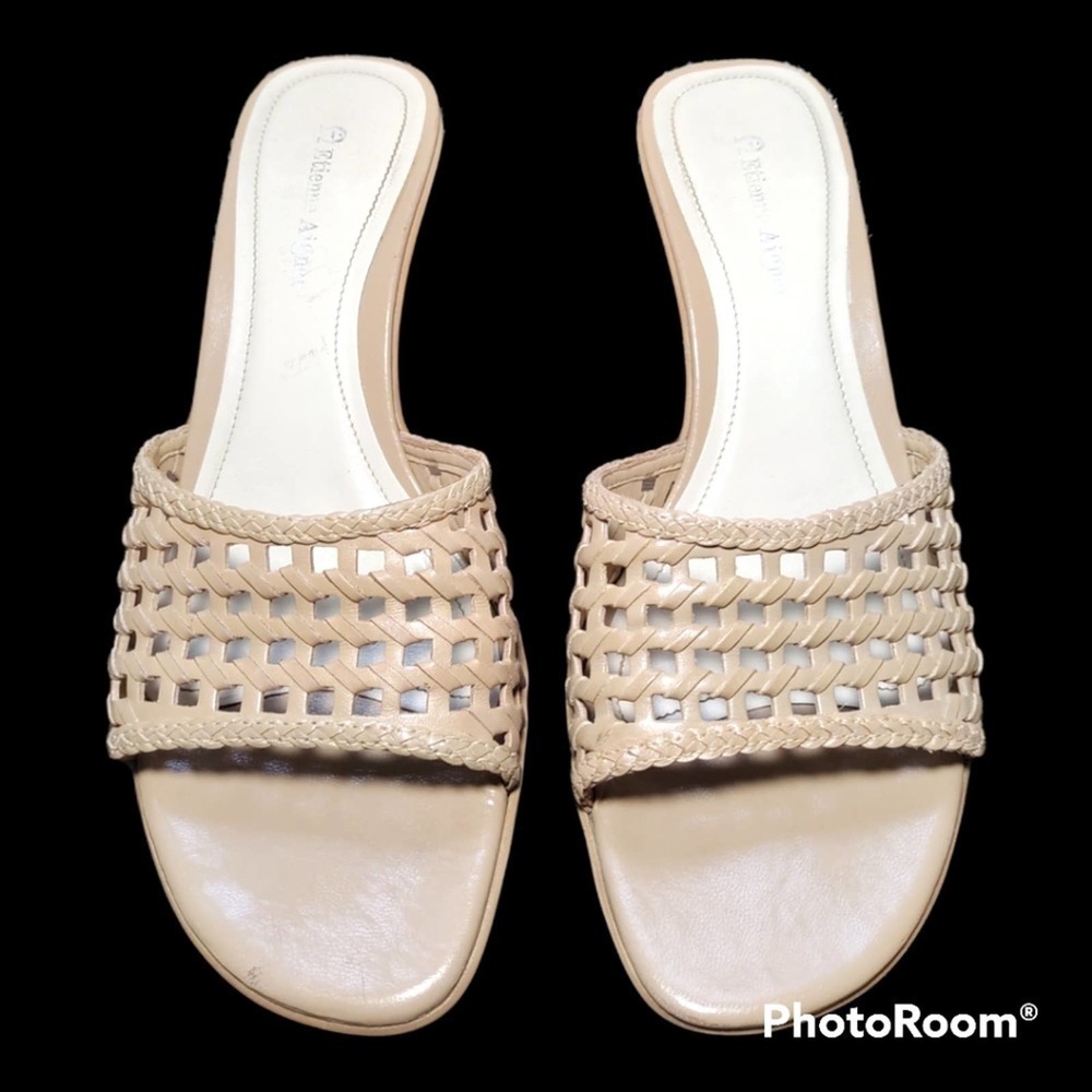 Etienne Aigner size 8 tan color slip-on heeled sandals 2.5" heels - Picture 2 of 9